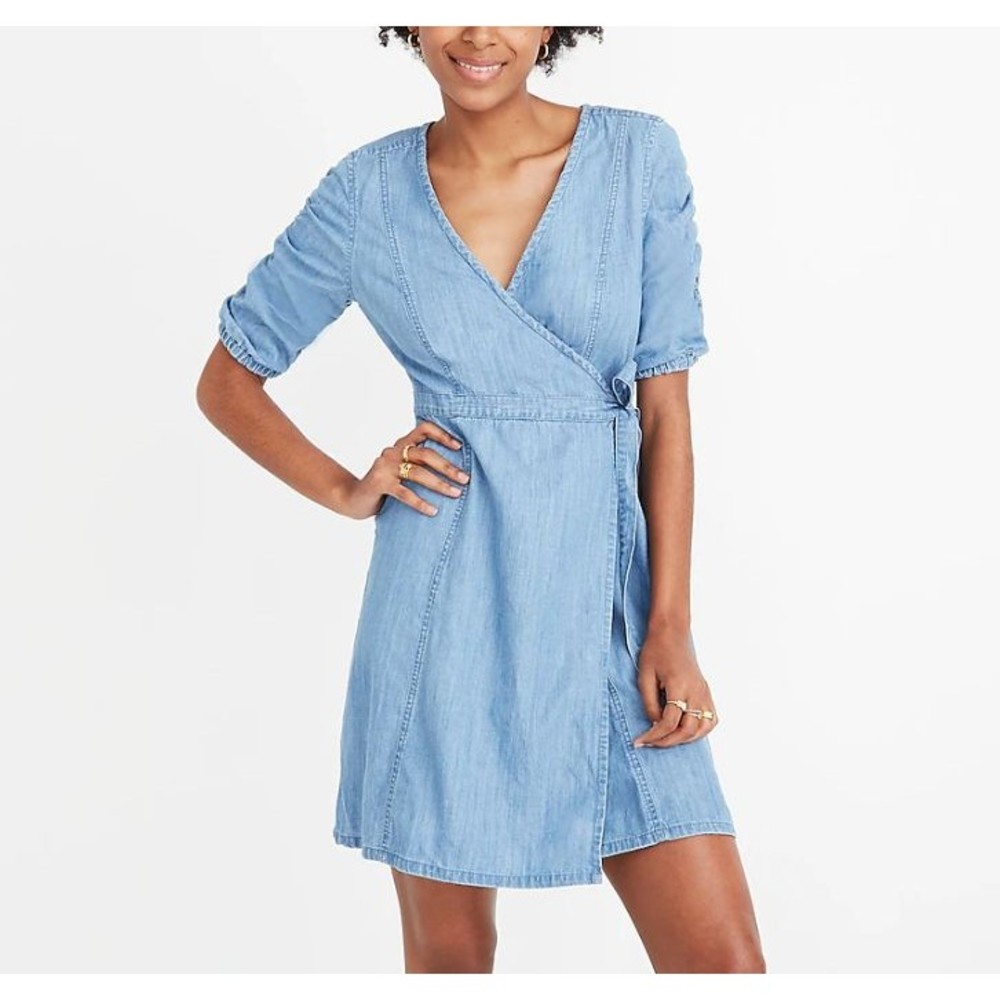Madewell Womens Denim Wrap Mini Dress Size Small Blue Shirred Puff Sleeve Casual